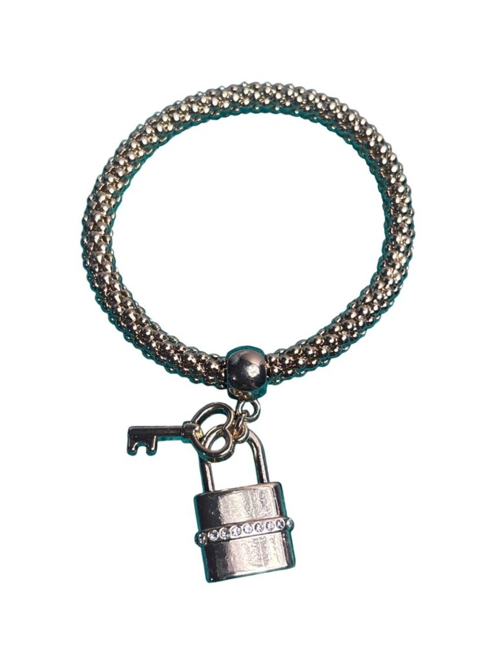 Goldtone Mesh Stretchy Bracelet Lock Key Clear Rhinestones 6.5 inch Unstretched